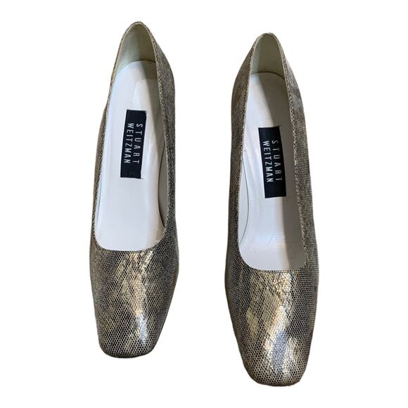 Stuart Weitzman gold snake skin shimmer block heel pump shoes size 9 AA - Picture 9 of 10